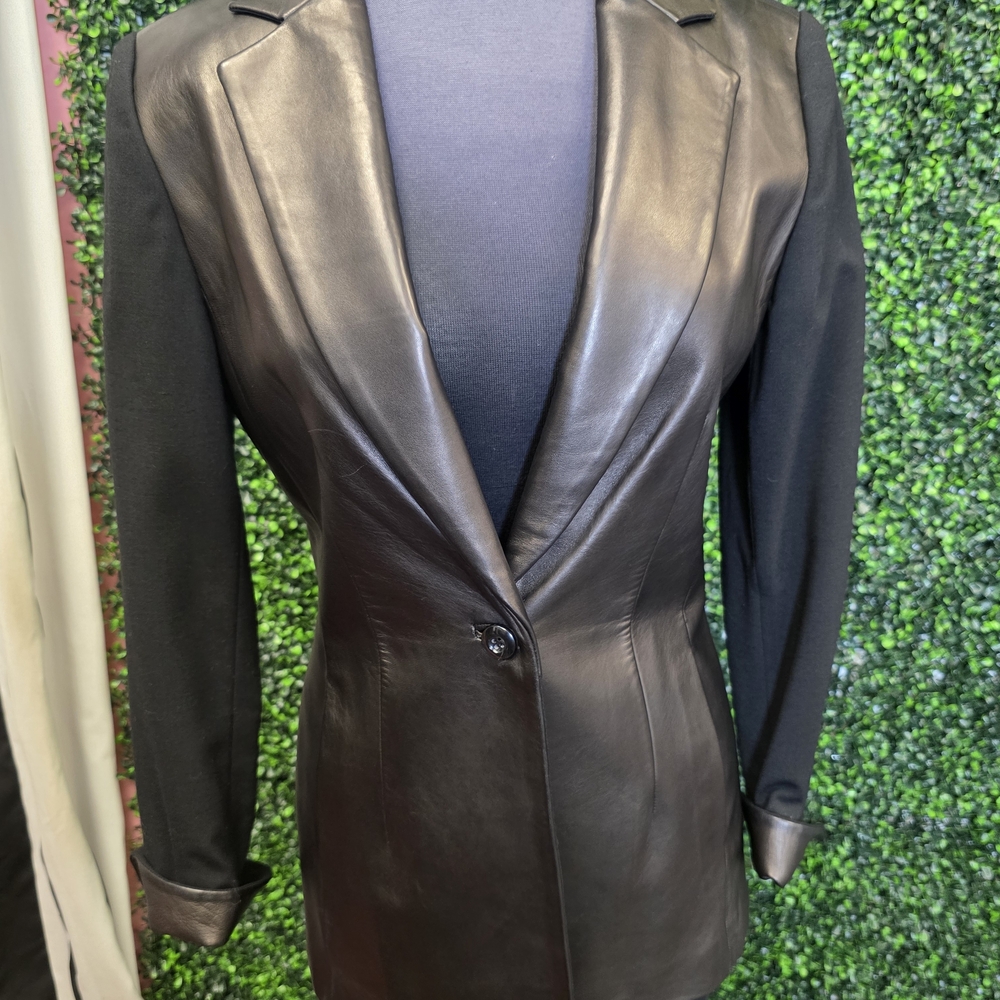 Elegant Black Leather Front Blazer for Women